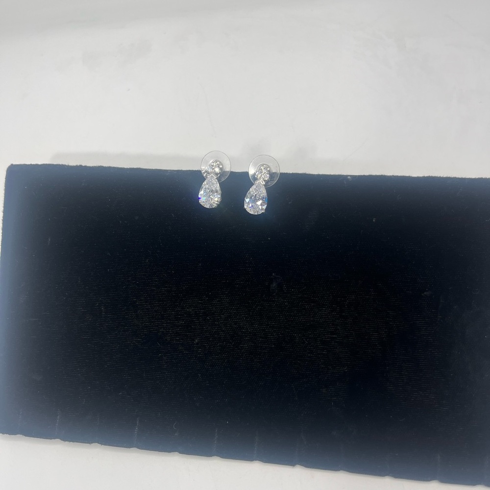CZ Crystal Teardrop Drop Stud Pierced Silver Tone Earrings
